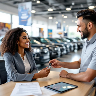 Woman signing car finance agreement with dealer.