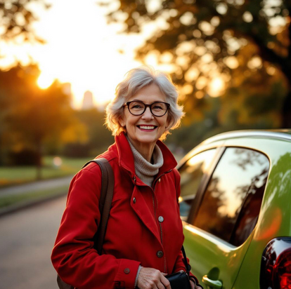 Happy older woman with glasses smiling next to her car at sunset.