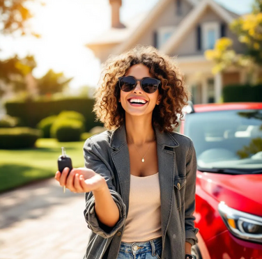 Smiling woman with sunglasses leaning against her car.
