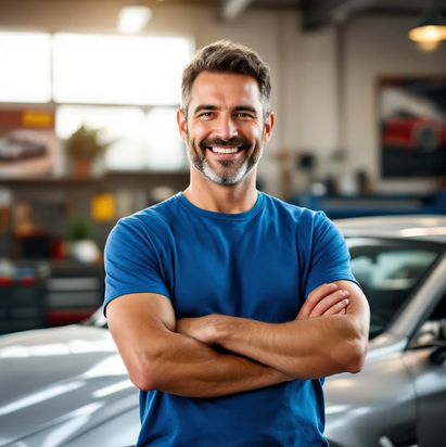 Man smiling at car dealership.